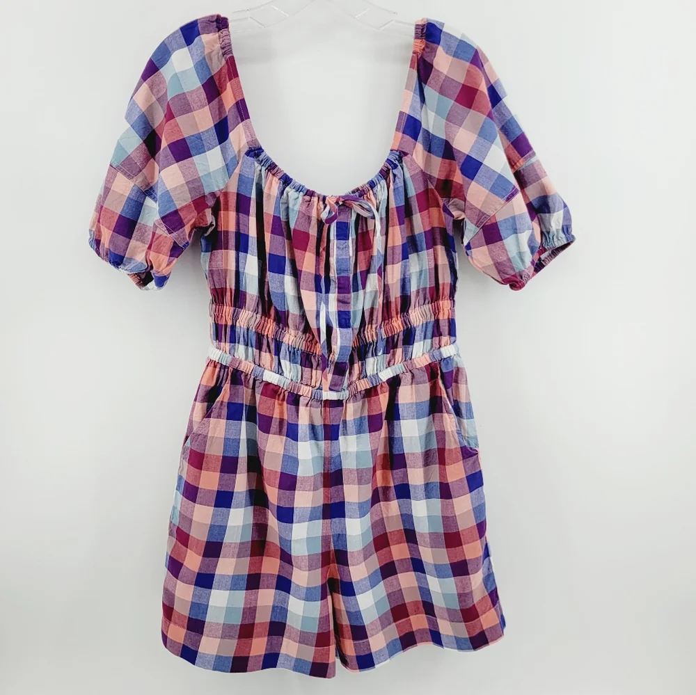 Anthro Kopal Brea Plaid Puff Sleeve Romper Cotton Cottagecore S - Picture 2 of 8